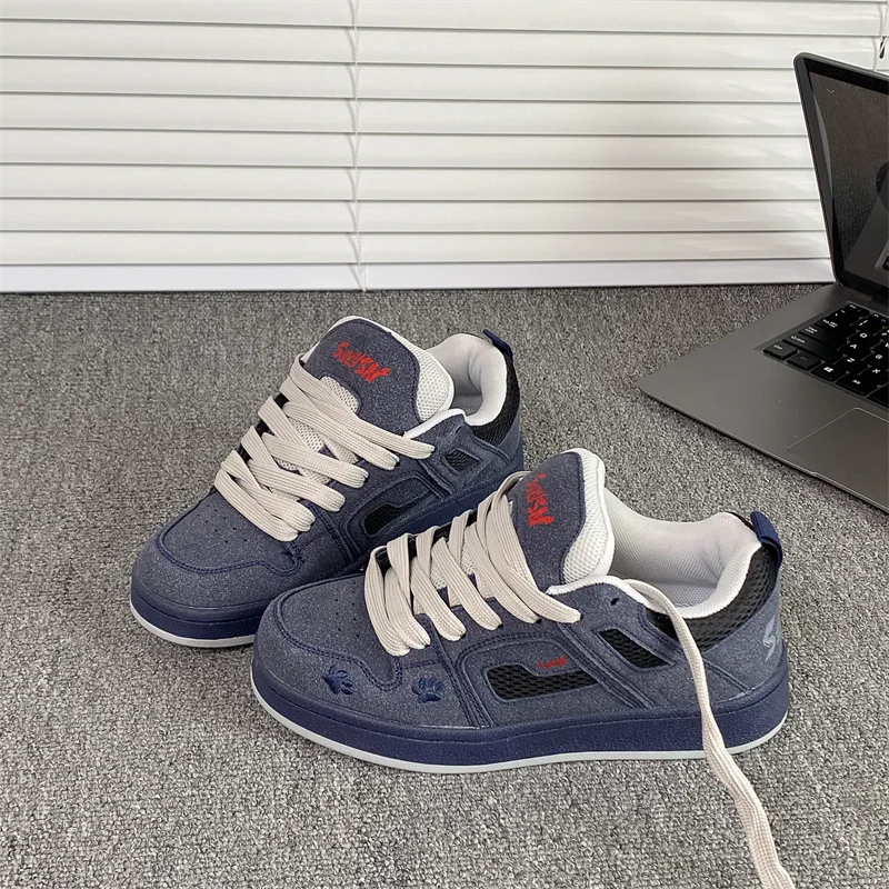 Deep Blue Bread Shoe Men's Casual Sporty Retro Hong Kong Style Fall New All-Match Leisure Board Shoes Mesh  Anti-Fur Le...