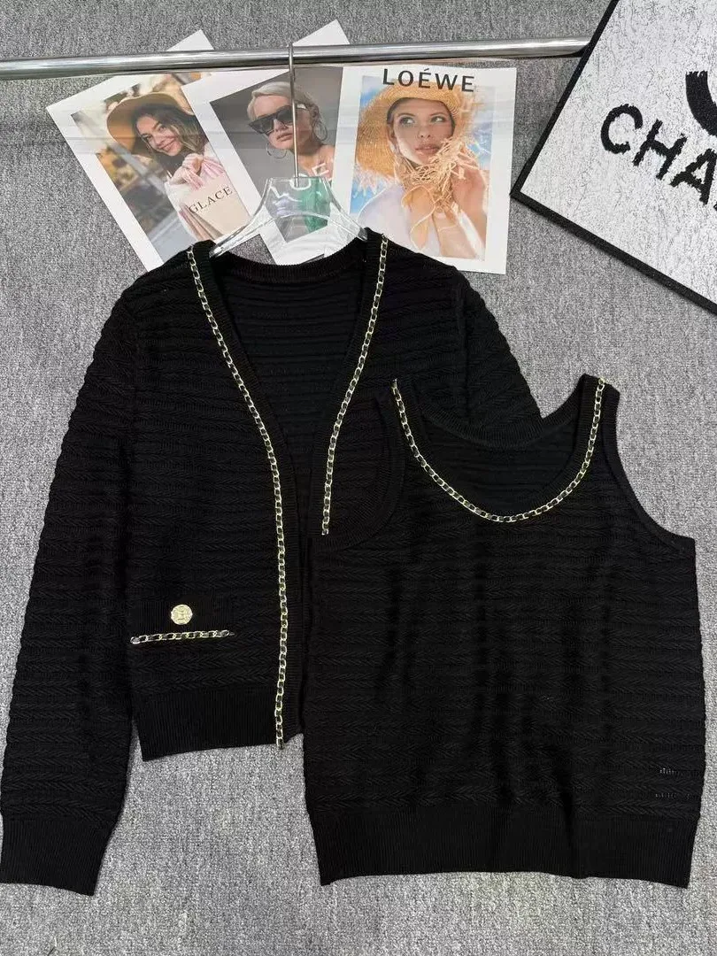 Conjunto de Cardigan de Tricô Sem Mangas Deco com Corrente Rosa Estilo Europeu de Alta Qualidade para Mulheres Faionáveis