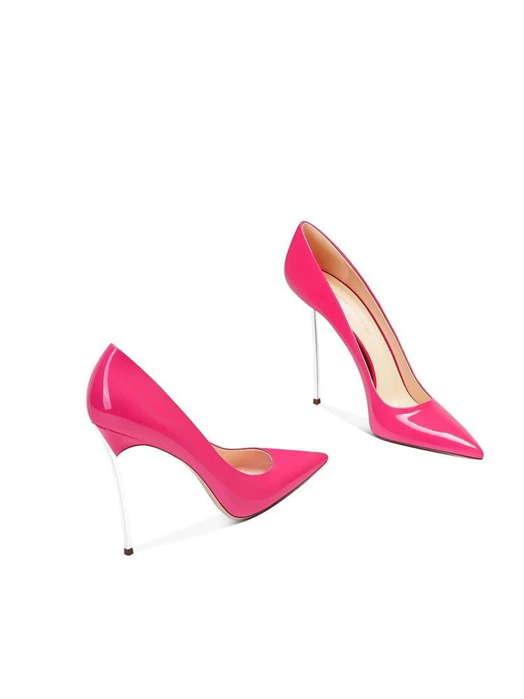 كعب ستيليتو معدني ربيع جديد مدبب الضحلة براءات الاختراع والجلود بسيطة OL أحذية مأدبة كبيرة الحجم صغيرة الحجم أحذية نسائية