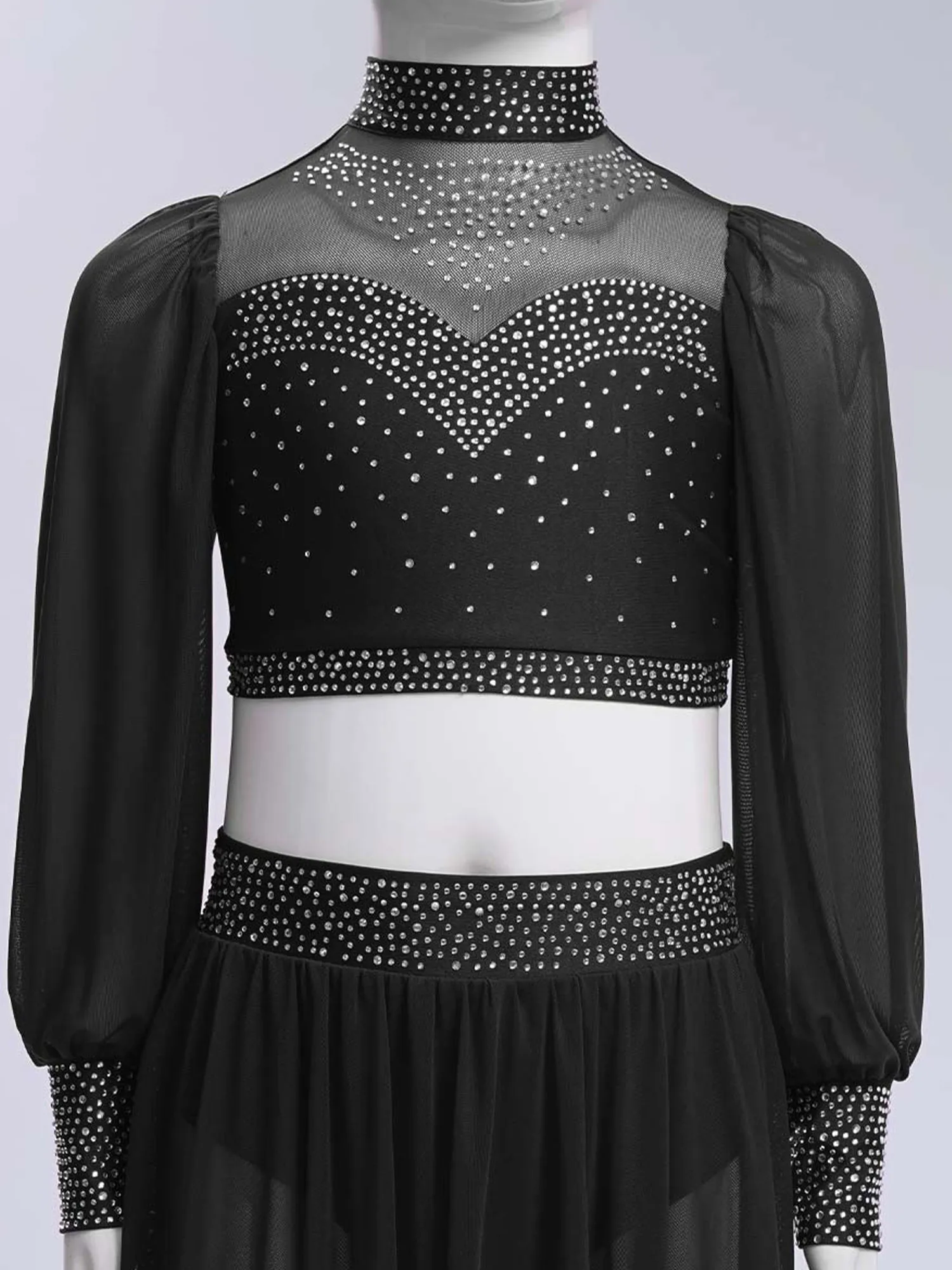 キッズガールズバレエダンス衣装シアーメッシュ叙情的ダンス衣装長袖プルオーバークロップトップとスカートダンスウェアセット