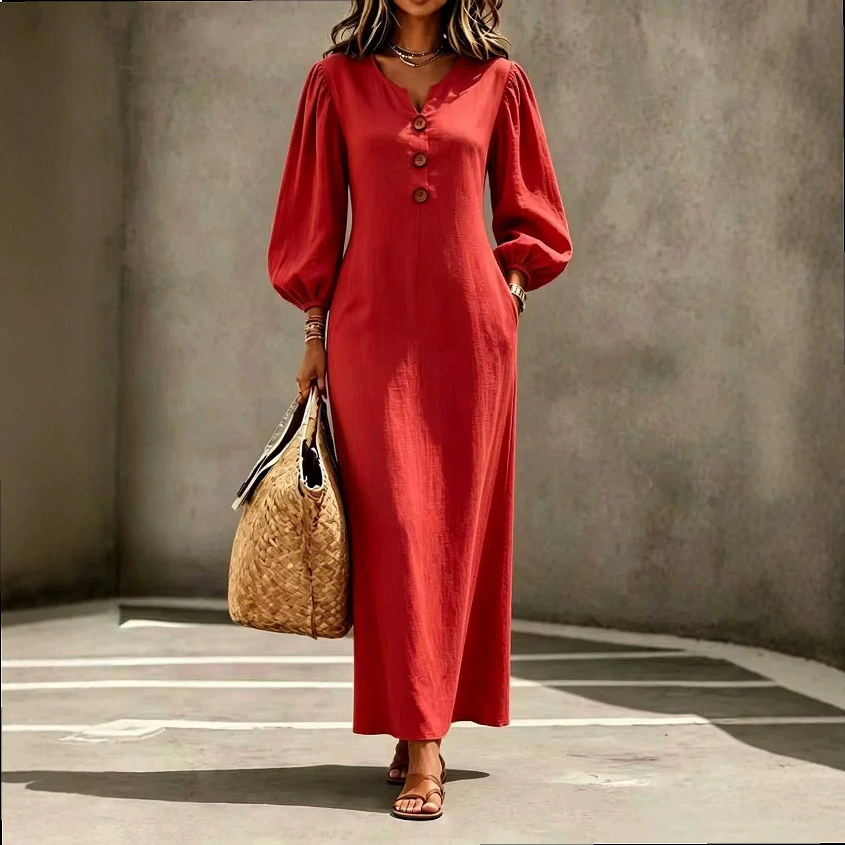 Women's V-Neck Button Bubble Sleeve Loose Casual Flattering Long Dress, Dresses for Spring Summer