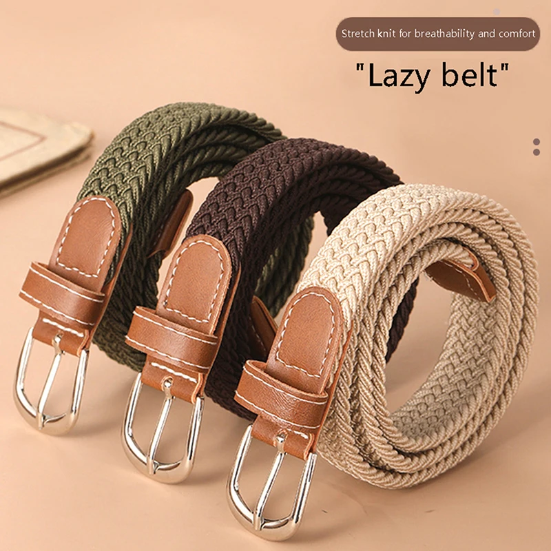 1Pc Fashion Belt Woven Canvas Belt Metal Buckle Men Women Elastic Braided Belt Punch Free