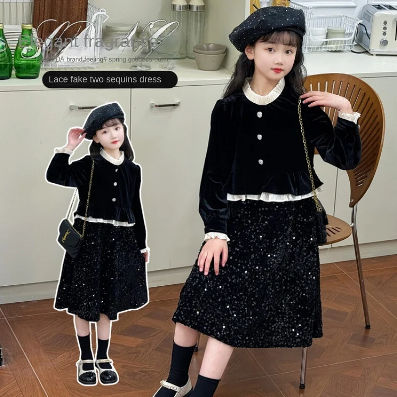 Fashion Girls Dresses Spring and Autumn Formal Long Sleeve Sequins Black Velvet Dress for Girls Kids Children's Clothing 4-15y