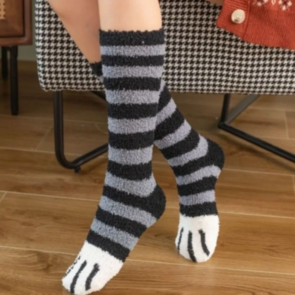 Cartoon Coral Velvet Cat Paw Stockings Thickened Stripe Floor Socks Dots Animal Fingers Winter Warm Socks Sleep
