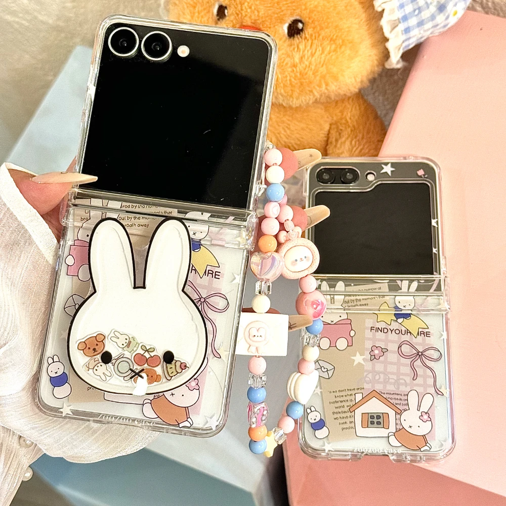 

Transparent Cute Cartoon Rabbit Stand Holder With Lanyard Phone Case For Samsung Z Flip 5 4 3 6 7 Hard Protection Cases Cover