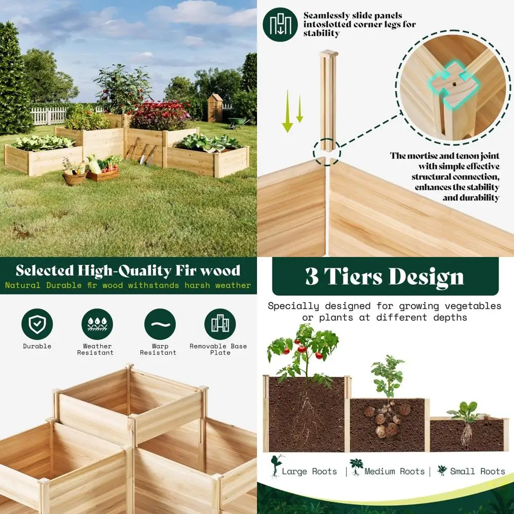 

amerlife 3-tier raised garden bed for outdoor gardening, fir wood planter box with dividers, tool-free assembly, garden box perf
