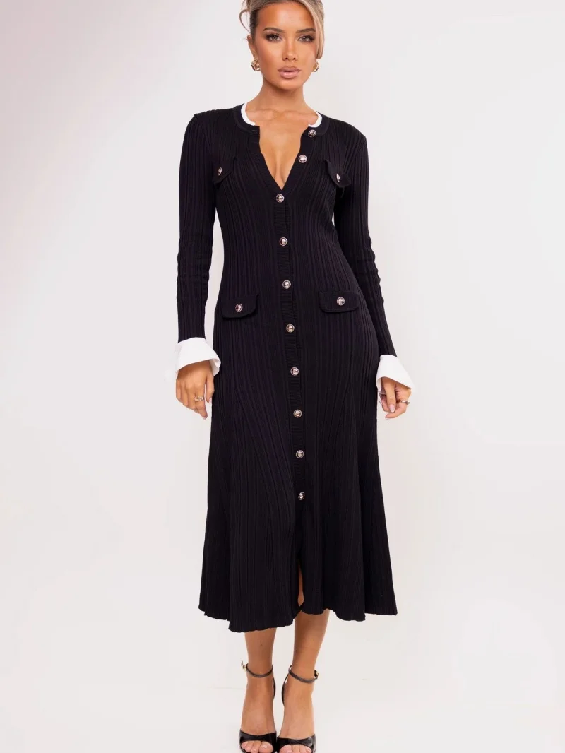 Elegant Colorblock Knitted Mermaid Dress Spring Clothes Women 2026 Full Sleeve Button Up Maxi Long Dresses Knitted Sweater Dress