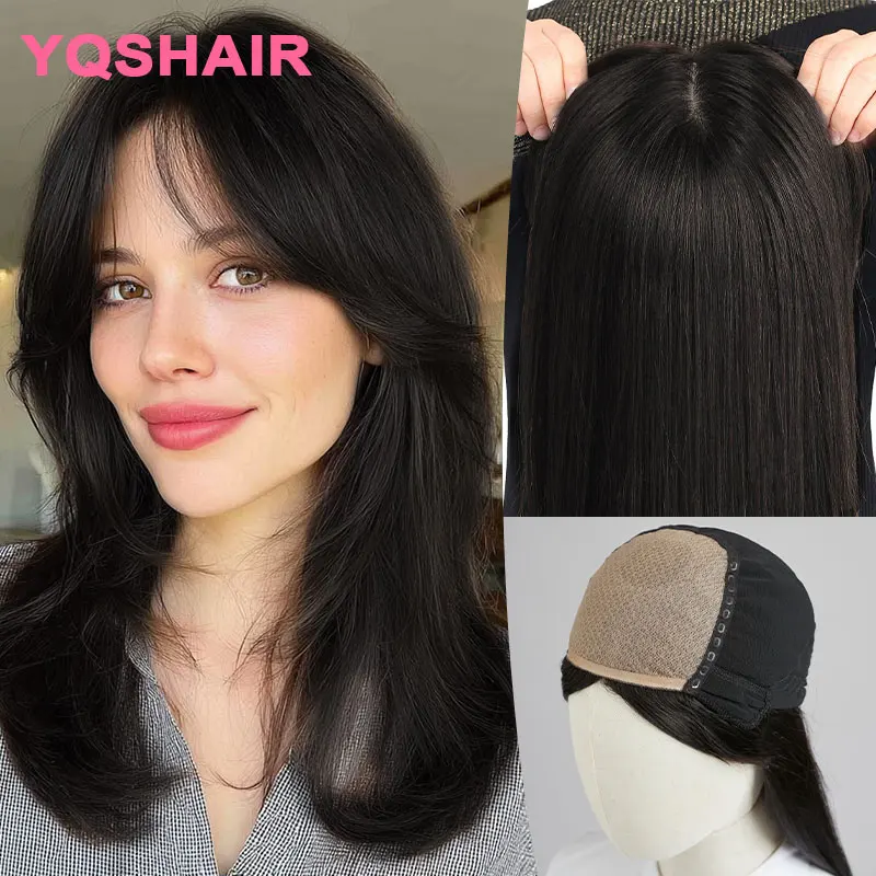 

Натуральный парик из человеческих волос с шелковой основой 5x5, без клея, прямой, с челкой, для женщин, натуральный цвет