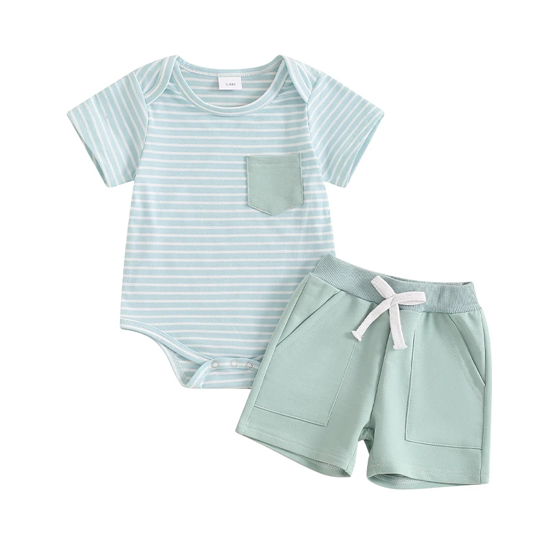 

Newborn Baby Boy Clothes 3 6 9 12 18 Months Crewneck Striped Short Sleeve Romper Shorts Set Infant Summer Outfits