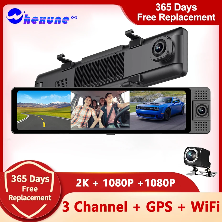 

3 Channel Dash Cam Front Inside Rear Three Way Car Dash Camera 4K+1080P Dual Channel With GPS WiFi Night Vision Rearview Mirror