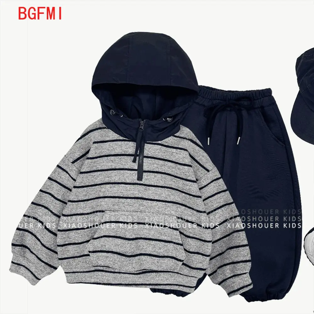 

High Quality Teenage Spring Autumn Children's Striped Thick Set Boy Sports Cotton Hoodie+ Navy Blue Pants 2pcs Set 1-10Y Outfits