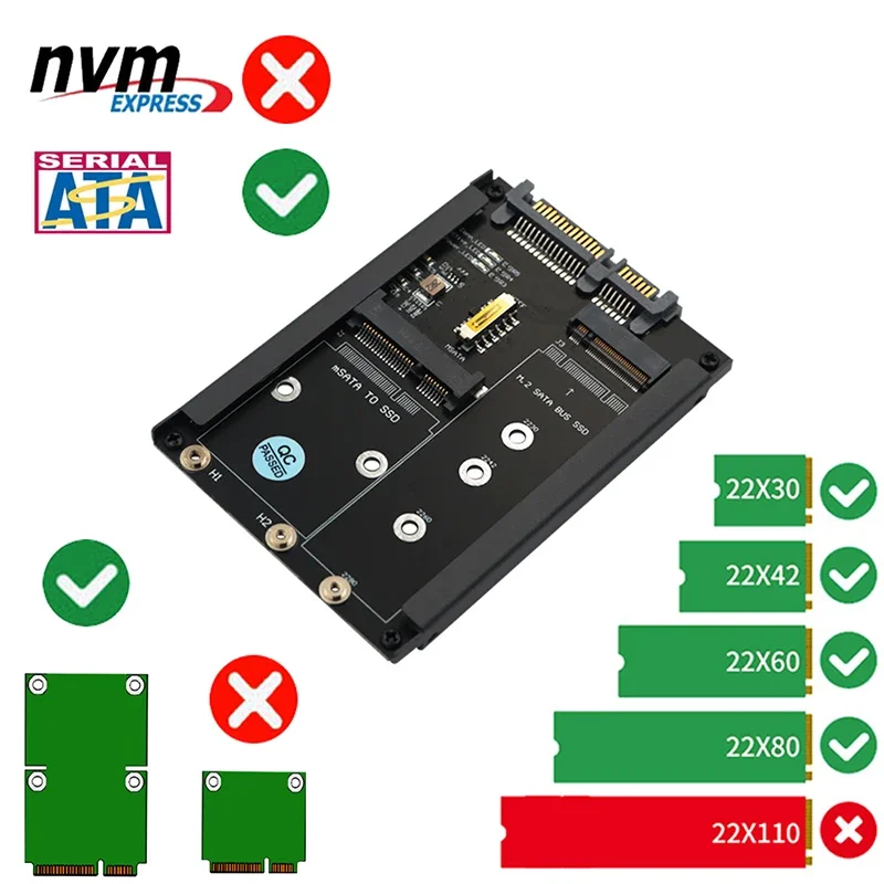 Carte adaptateur 6Gbps B + M Key M.2 NGFF SSD vers 2.5 "SATA 3.0 boîtier métallique mSATA SSD avec prise de boîtier de carte Riser mSATA M2 vers SATA