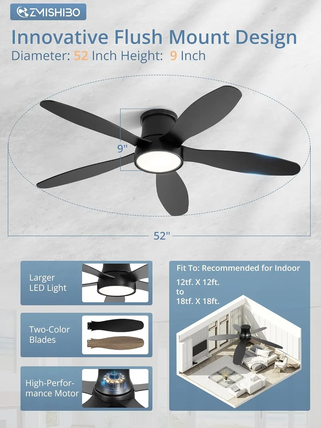 Ventilatori da soffitto da 52 pollici con luci, ventilatore da soffitto a basso profilo con montaggio a incasso con telecomando, reversibile, 3Cct, silenzioso, ventilatore da soffitto a Led