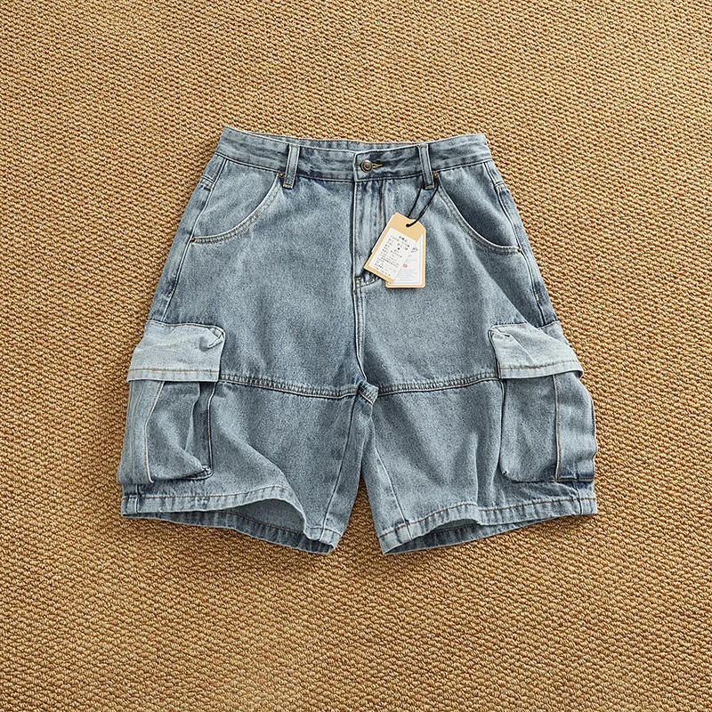 American Casual Retro Workwear Denim Shorts Men Loose Straight Summer New Multi Pocket mid Waist Five Shorts Trendy
