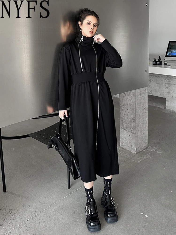 NYFS 2025 ربيع جديد فساتين امرأة Vestidos رداء Elbise فضفاض حجم كبير تشديد الخصر المرقعة سستة شق فستان طويل #1