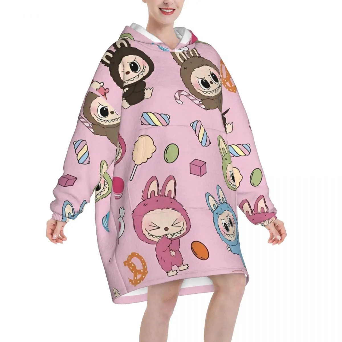 Kawaii Labubu Blanket Hoodie Oversized Wearable Sweatshirt Blanket Warm Gifts for Women Girls Girlfriend