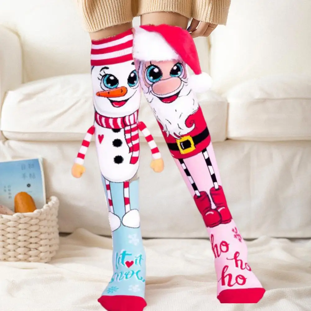 1 Pair Trendy Cartoon Christmas Stockings Clear Print Create Atmosphere Anti-shrink Santa Snowman Christmas Present Socks