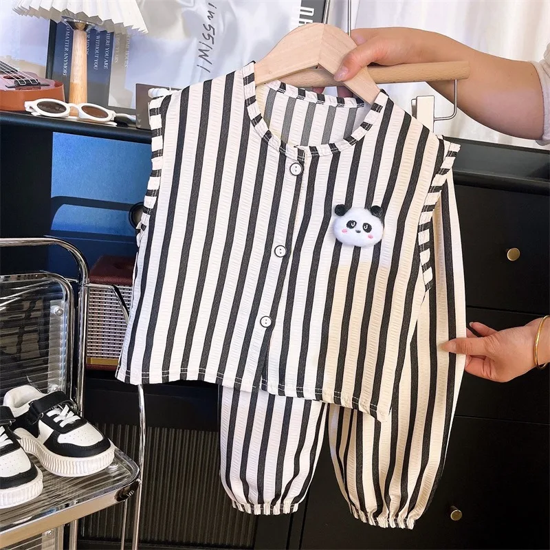 RAISE Summer Kids Boys 2PCS Clothes Set 3D Panda 2-8Yrs Boys Striped Vest Suits Loose Elastic Waist Todder Boys Trousers Outfits