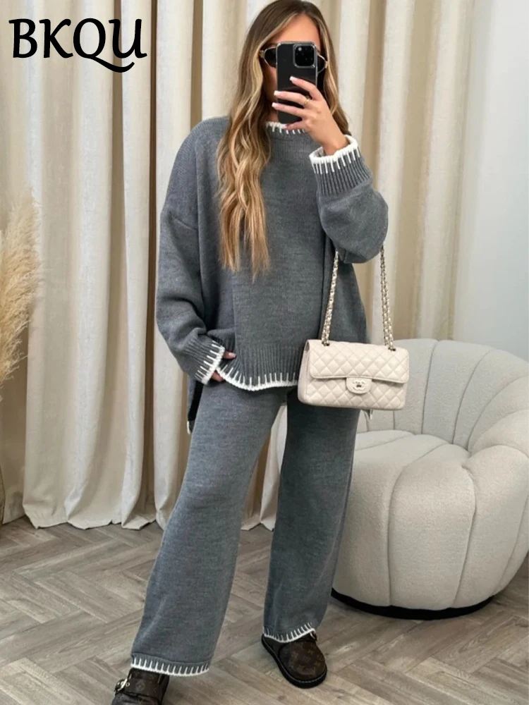 BKQU Knitted Pants Set Women Striped Two Piece Sets Clothes Side Split Sweater and Wide Leg Straight Pants Suit Casual Homewear