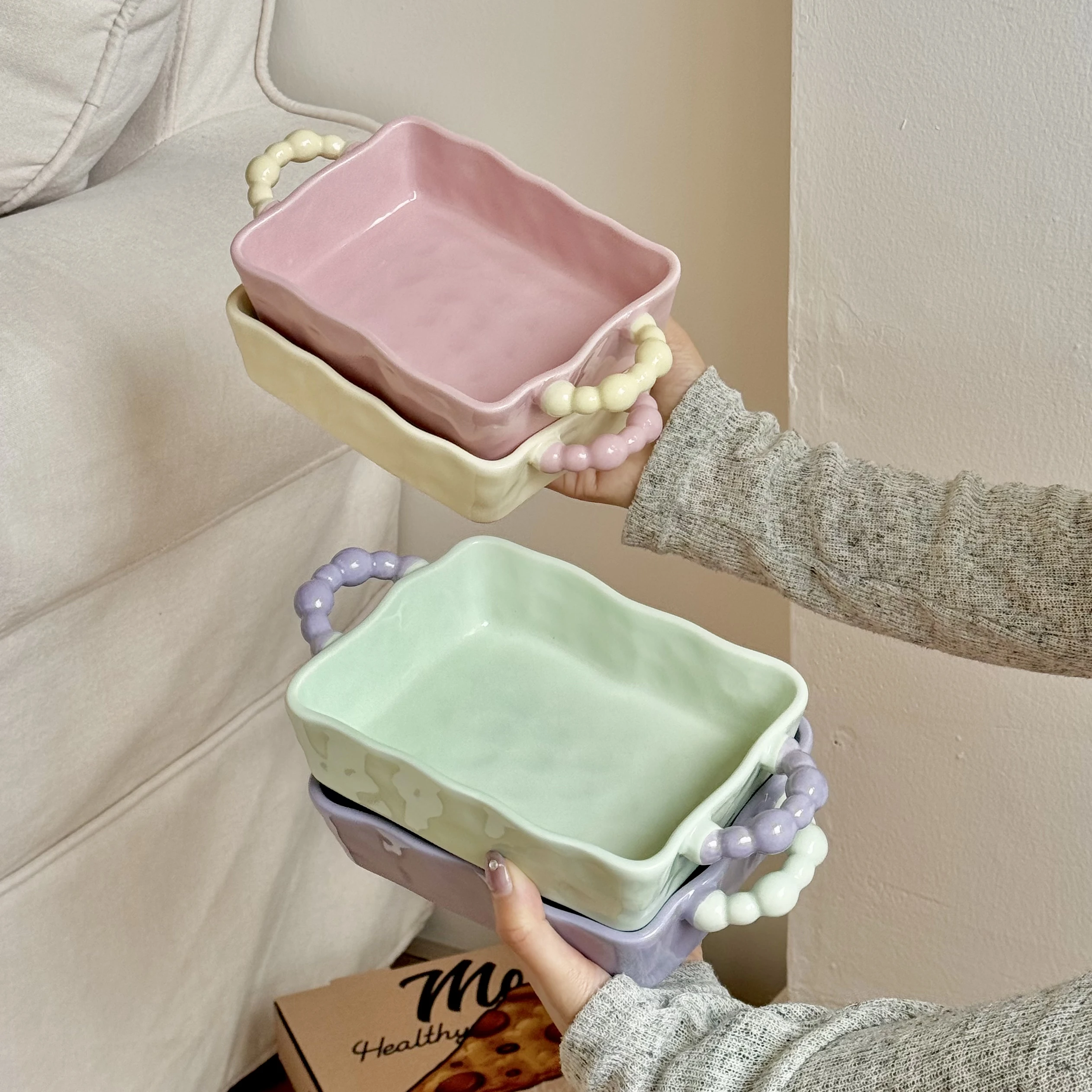 

Color Blocked Sugar Bean Irregular Baking Tray Ceramic Double Ear Baking Bowl High End Microwave Oven Baking Utensils Practical