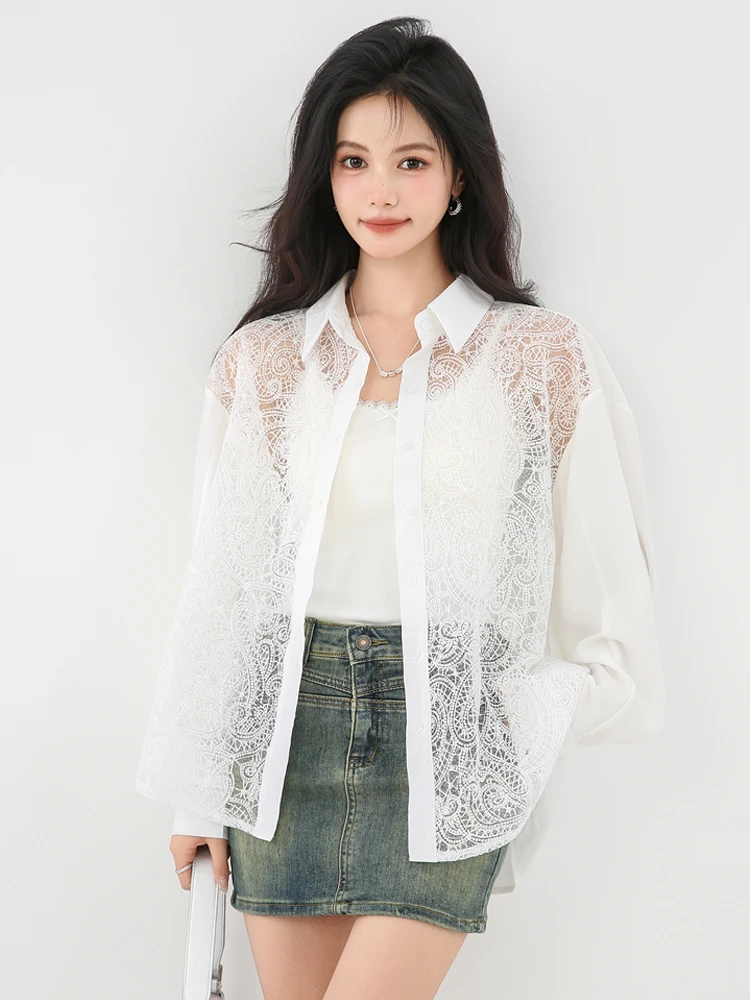 2025 sommer Weiß aushöhlen Spitze hemd Frauen Mode Patchwork langarm bluse Oversize tops Vintage INKEO 5T 077