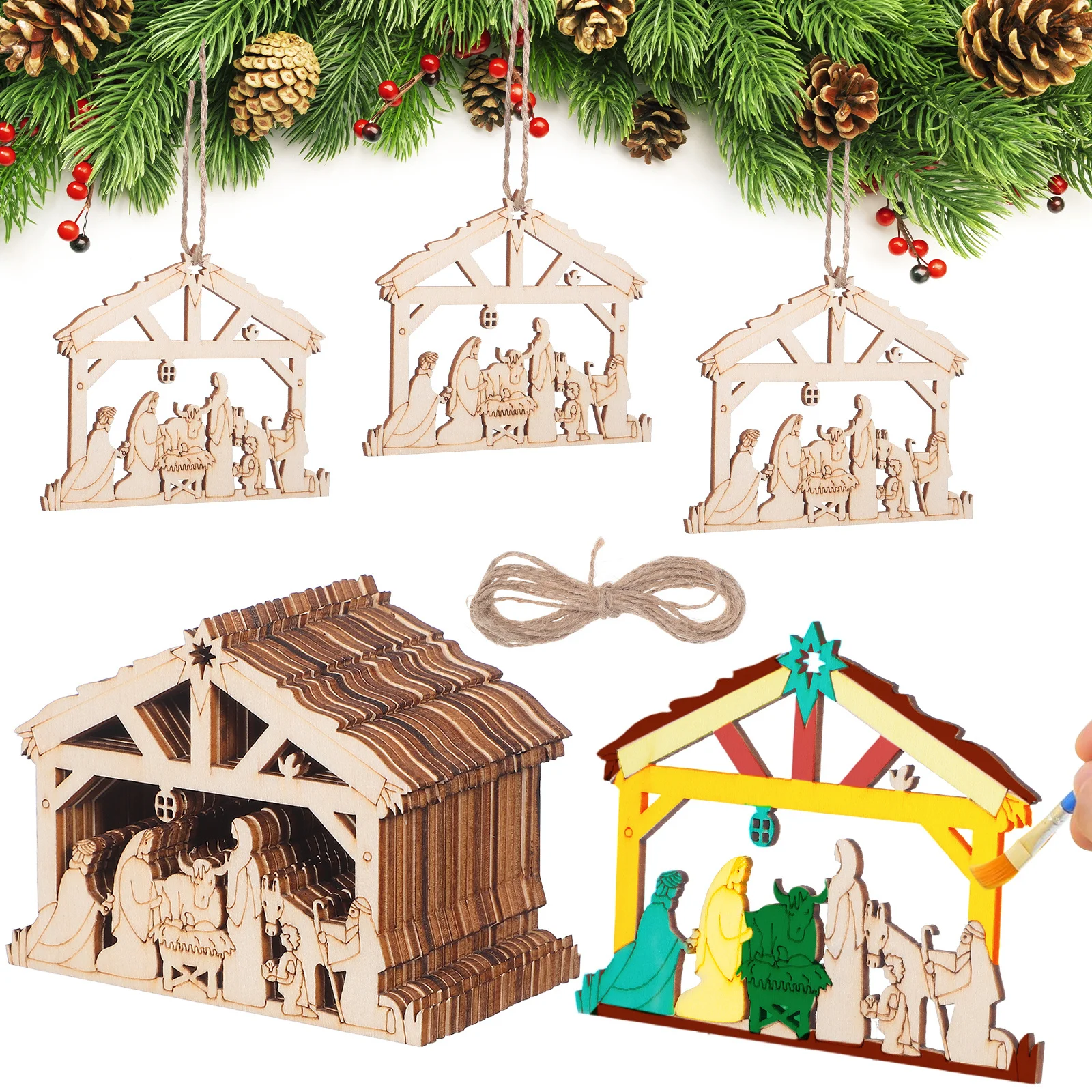 

20Pcs Unfinished Wood Crafts Natural Pine Ornaments for DIY Christmas Tree Decorations Nativity Scene Hanging Pendants Religious