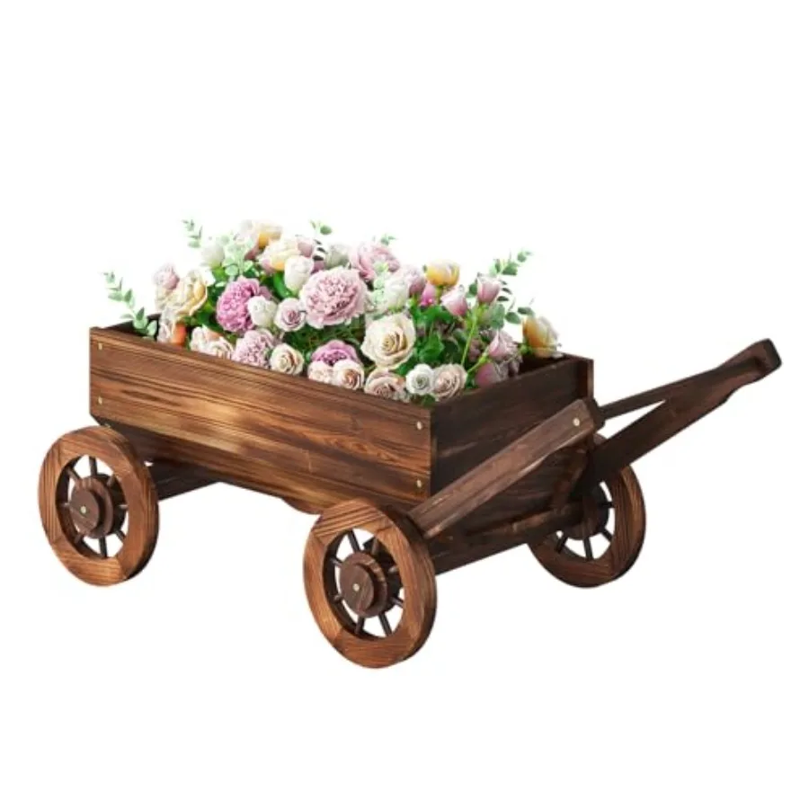 

Wooden Wagon Garden Planter Cart with Wheels Rustic Flower Pot Indoor Outdoor Patio Backyard Balcony Decor for Succulents, Flow