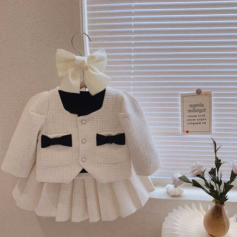 Autumn Girls\' Temperament Clothing Sets Kids\' Pocket Long-sleeved Cardigan Button Coat+pleated Skirt 2pcs Princess Clothes Suit