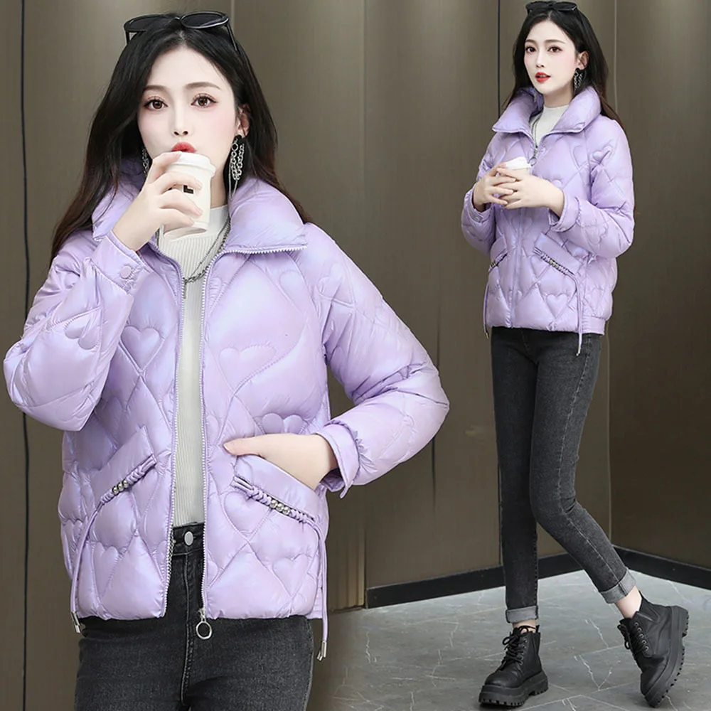 Korean Fashion Cotton Jackets Women Sweet Love Print Pink Stand Collar Padded Coat Autumn Winter Thicken Parka Lady Warm Outwear