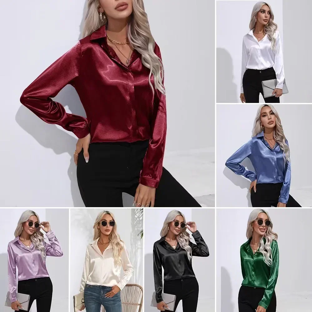 

A Button Satin Shirt Temperament Commuter Long Sleeved Shirt Spring And Summer New Loose Top European And American Women