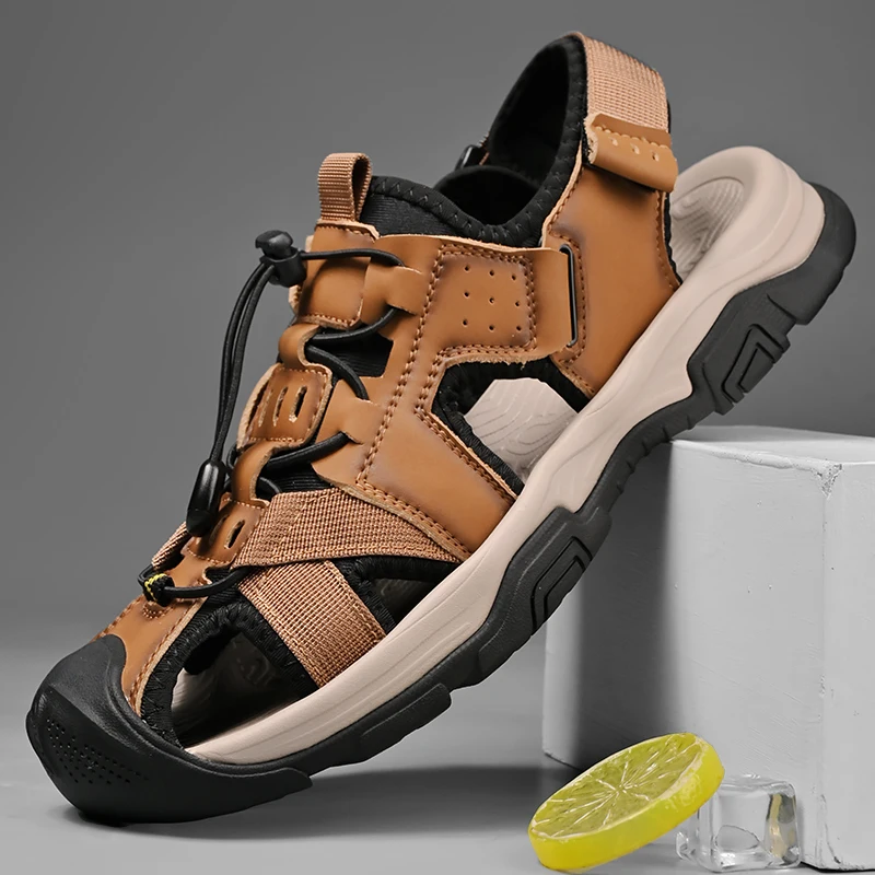 

Men's genuine leather beach sandals 2026 summer new breathable mesh cloth toe cap anti-collision casual shoes outdoor anti slip