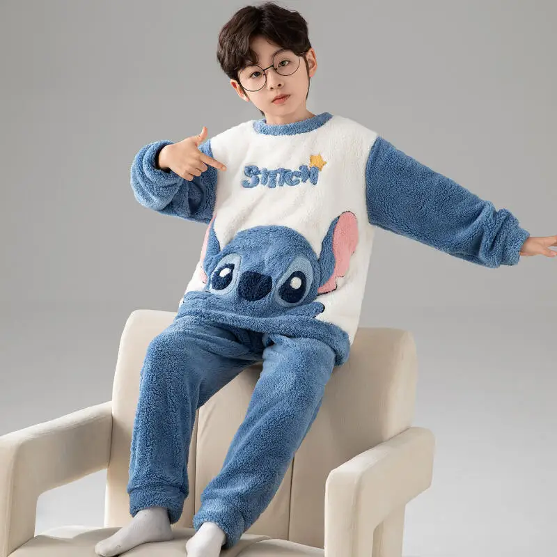 

2Pcs Child Pajamas Stitch Kids Pajamas Set Long-Sleeve Pants Cartoon Thick Warm Children's Sleepwear Comfort Boy Winter Daily