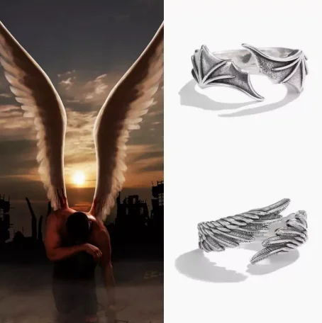 2er-Set Vintage Engel- und Fledermausflügel-Dämonenaugen-Hip-Hop-Ringe, verstellbar, für Paare, Herren und Damen, Retro-Silberfarben, Schmuck für Party und Alltag