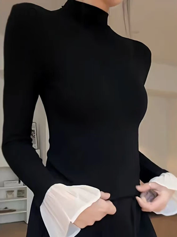 Koreaanse coltrui met lange mouwen Basic T-shirt voor dames Herfst en winter Slanke zwarte warme top Mode magere elegante dame T-shirt