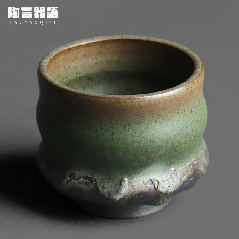 Kiln-fired bronze green glaze gilt texture large personal tea cup handmade retro pottery drinking water tea single cup