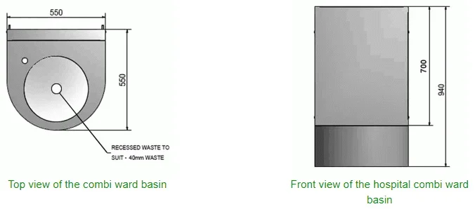 Compact, medical durable wall-mounted, stainless steel wash basin, hospital wash basin