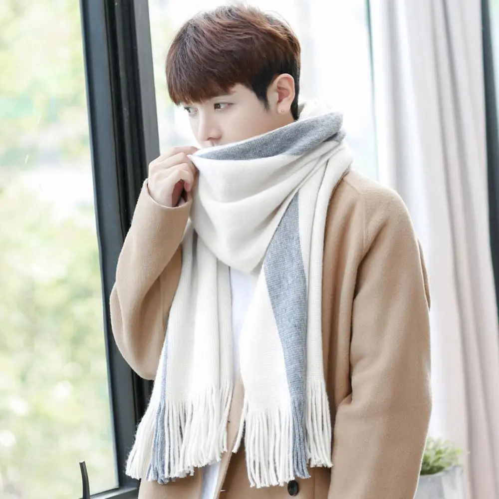 Korean Style Men Cashmere Scarf Thickened Splicing Color Long Wool Tassel Scarf Windproof Warm Winter Neckerchief Women/Male