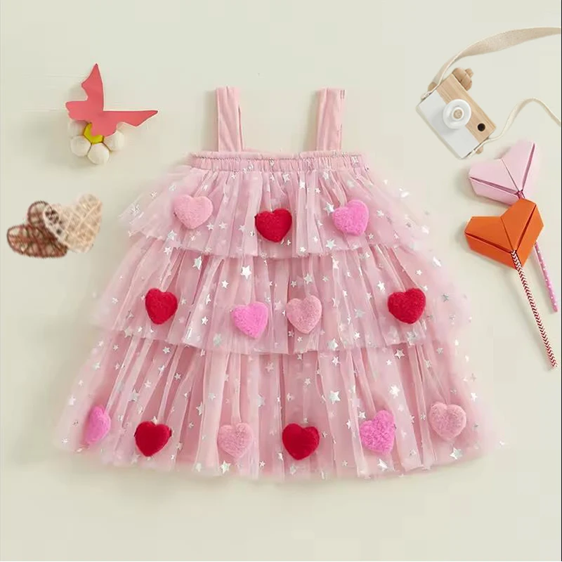 

Cute Kids Baby Girls Mesh Tulle Dress Valentines Day Sleeveless Layered Bow Heart Sundress Toddler Party A-Line Dress with Ball