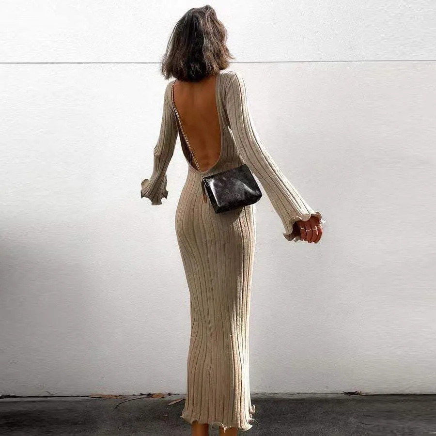 

Sexy hip-wrapped women's clothing ruffle leaf edge long-sleeved knitted long dress dress fashionable simple and versatile temper