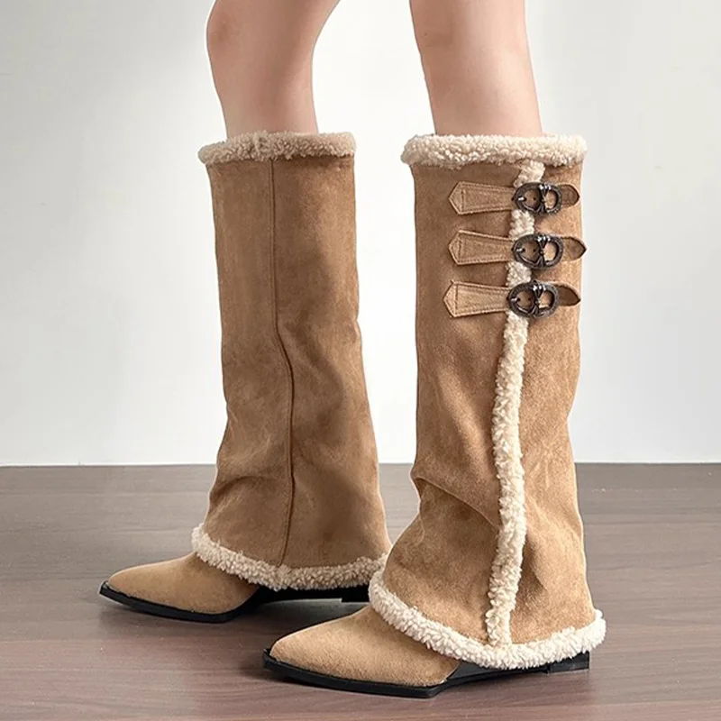 

Fur High Boots Women Pointed Toe Heeled Suede Shoes 2025 Designer Pumps Snow Boots for Woman Elegant Warm Winter Mujer De Botas