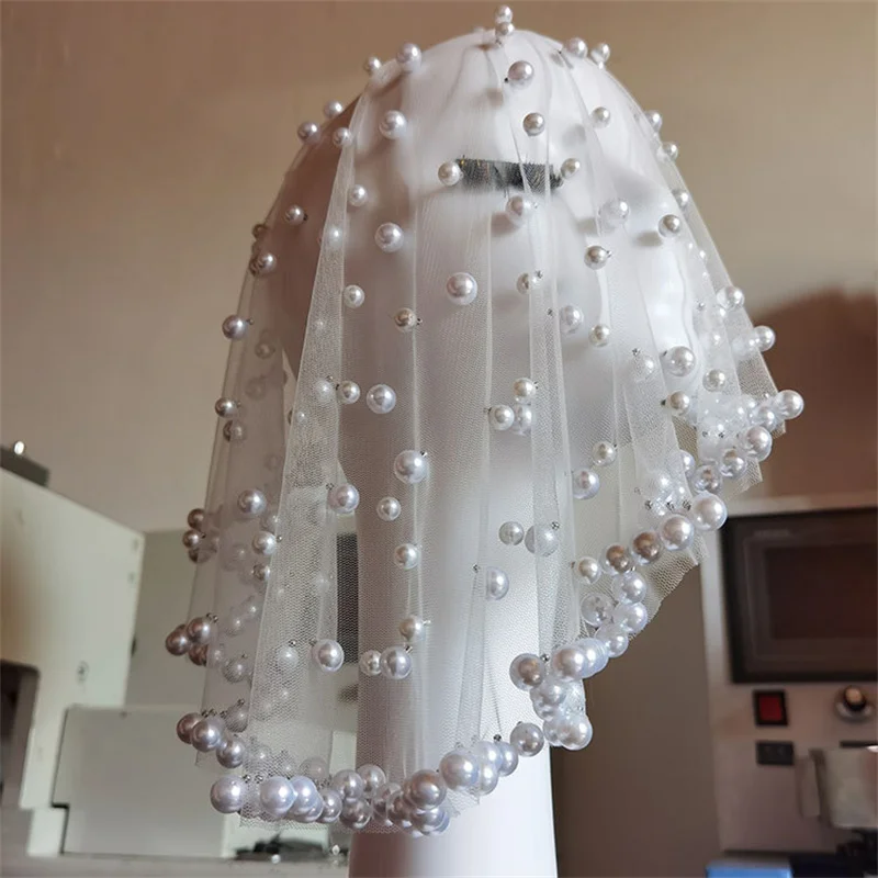 Velos cortos de novia para accesorios para el cabello de boda, colorete con cuentas de perlas de lujo, cubierta para la cara, velos de catedral, tocado de novia