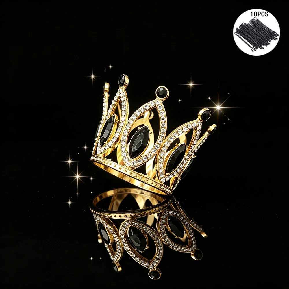 Fashion Baroque Full Round Crystal Crown Rhinestone Mini Tiara with 10Pcs Bobby Pins Elegant Royal Headpiece Cake Topper view 4