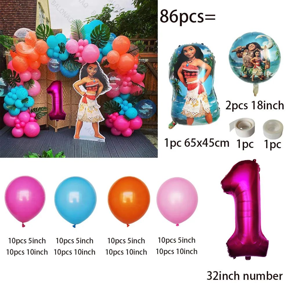 86PCS Ocean Adventures Moana Palloncino Colonna Set 32 pollici Numero rosa Daisy Foil Globos 1-9st Girl Birthday Party Decorazioni per la casa