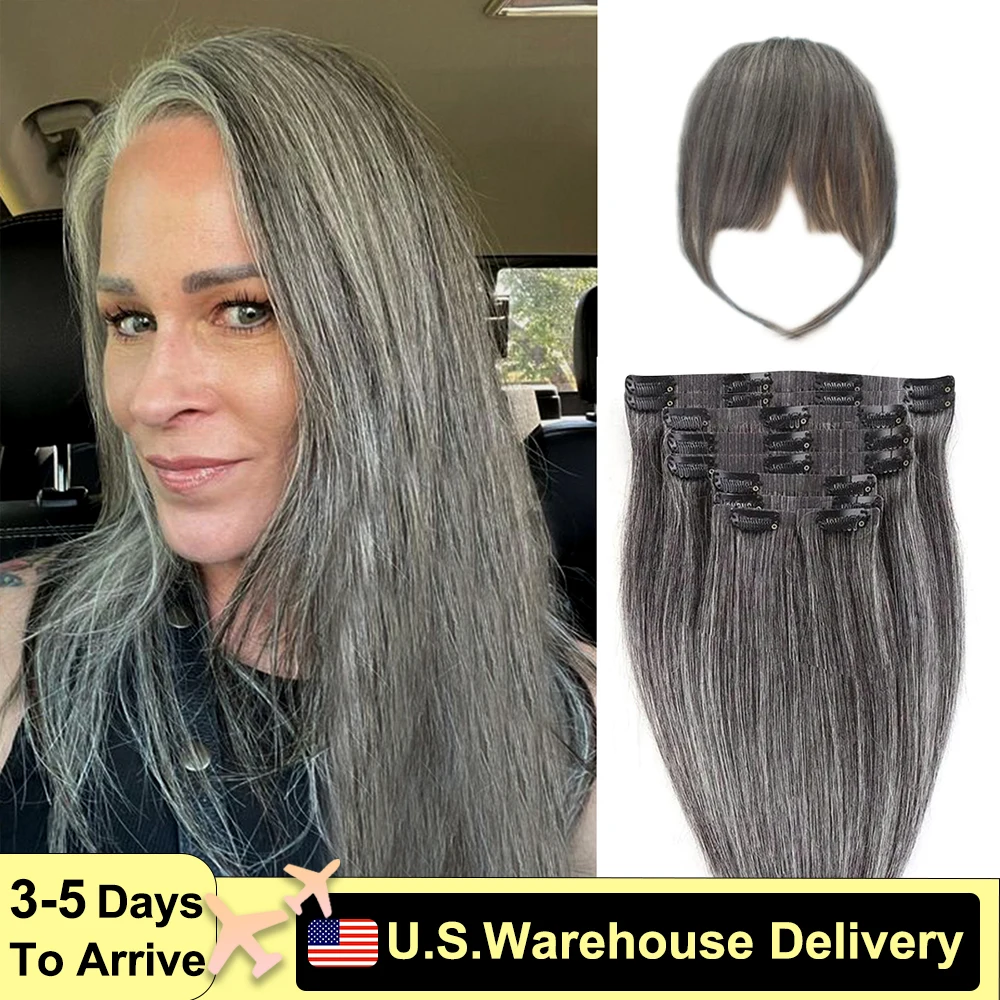 7/10Pcs Grey Clip In Hair Extensions 14A 100% Real Human Hair With Bangs Straight Long Full Head 24 Inch Virgin Hair Extensions