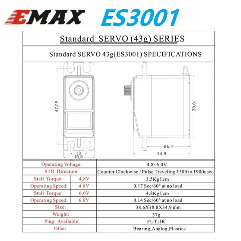 EMAX ES3001 43g Plastic Gear 4.8-6.0V RC Helicopter Marine Standard Analog Servo