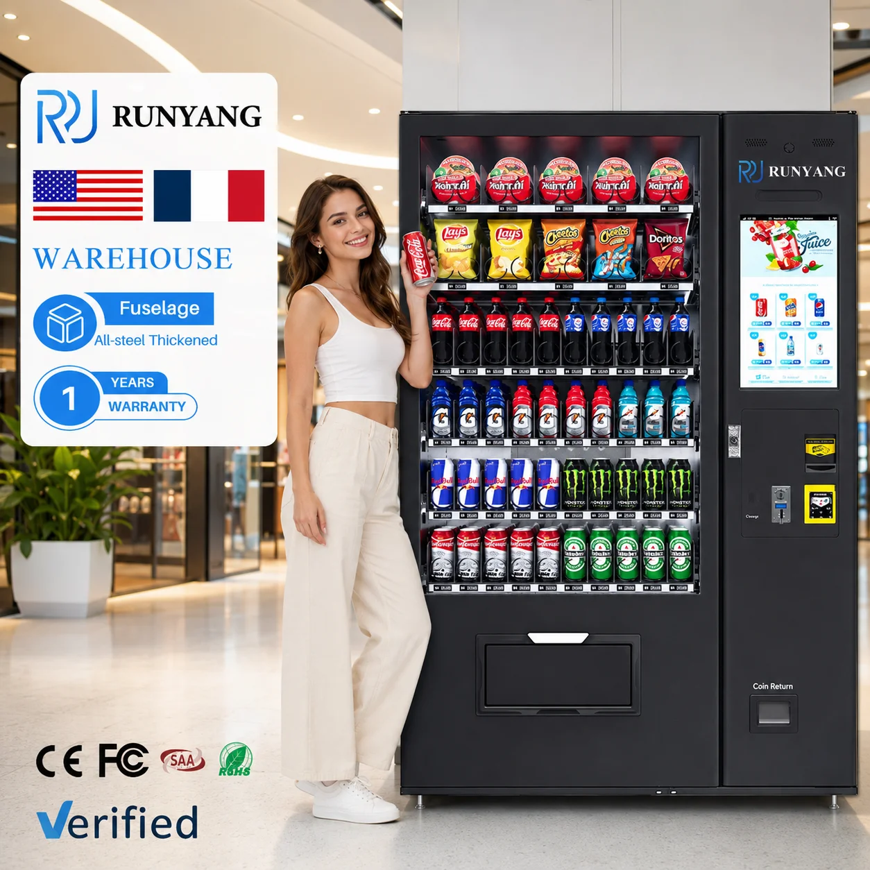 RUNYANG Custom Outdoor Coin Operated Touch Screen Snacks Drink Automatic Vending Machine for Foods and Drinks
