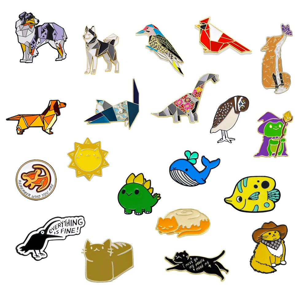 Cartoon Geometric Lapel Pin Mechanical Dog Brooch Shepherd Dinosaur Fish Cat Whale Bird Sun Fox & Butterfly Frog Animal Pin