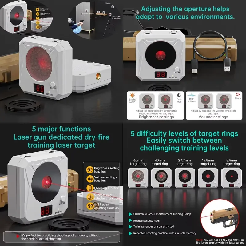 Electronic Laser Target Color Sensitive Dry Fire Shooting Practice Rechargeable 5 Difficulty Grade 1 2 5 PCS