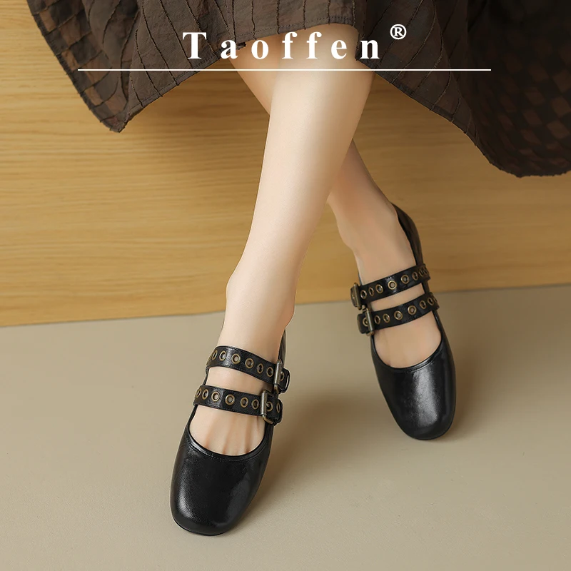 

Taoffen New Casual Mary Janes Flats For Women Solid Round toe Low-heeled Pumps Fashion Buckle Strap Office Commuting Lady Shoes