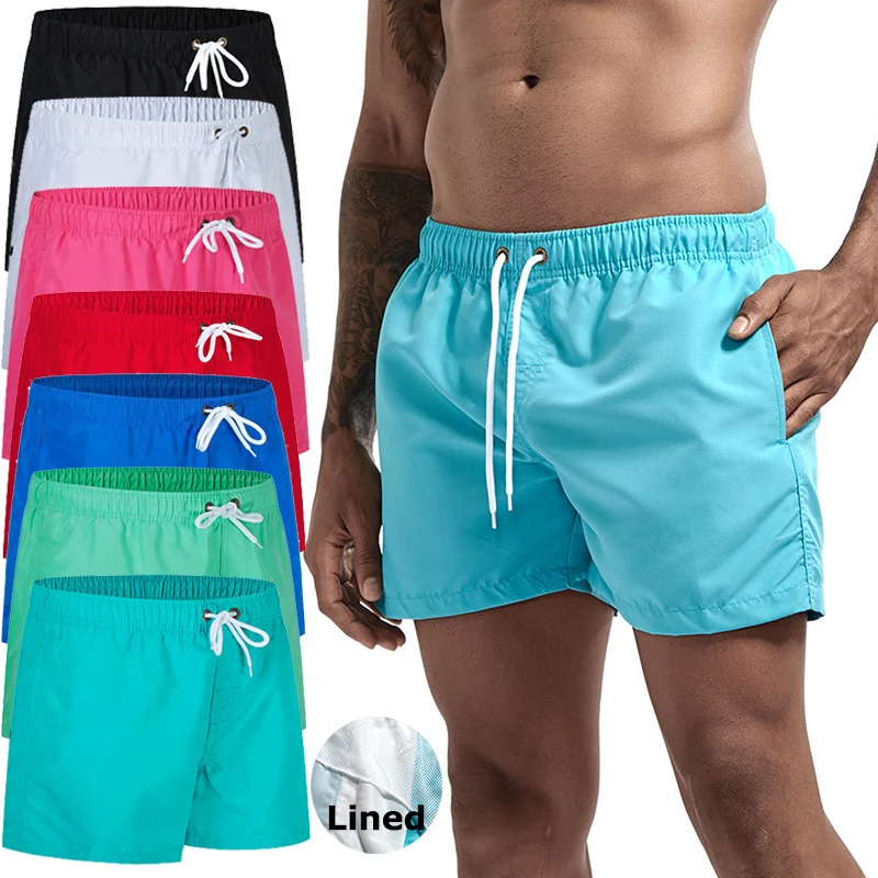 Mens Swim Trunks with Mesh Lining Side Pockets Solid Beach Shorts Quick Dry Lightweight Drawstring Board Shorts Summer Swimwear